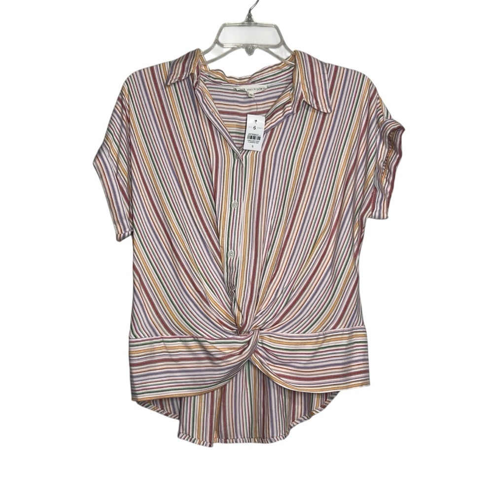 Lou & Grey Womens Size Small Rainbow Stripe Button Up Twist Front Top NWT